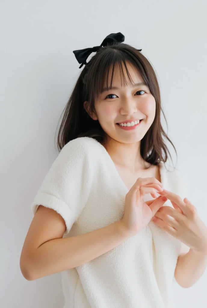 Only one woman with a cute smile wears cute, fluffy off-shoulder pajamas, makes a big heart shape with both hands, and poses them in front of her chest, View above collarbone、The background is a monotone 

