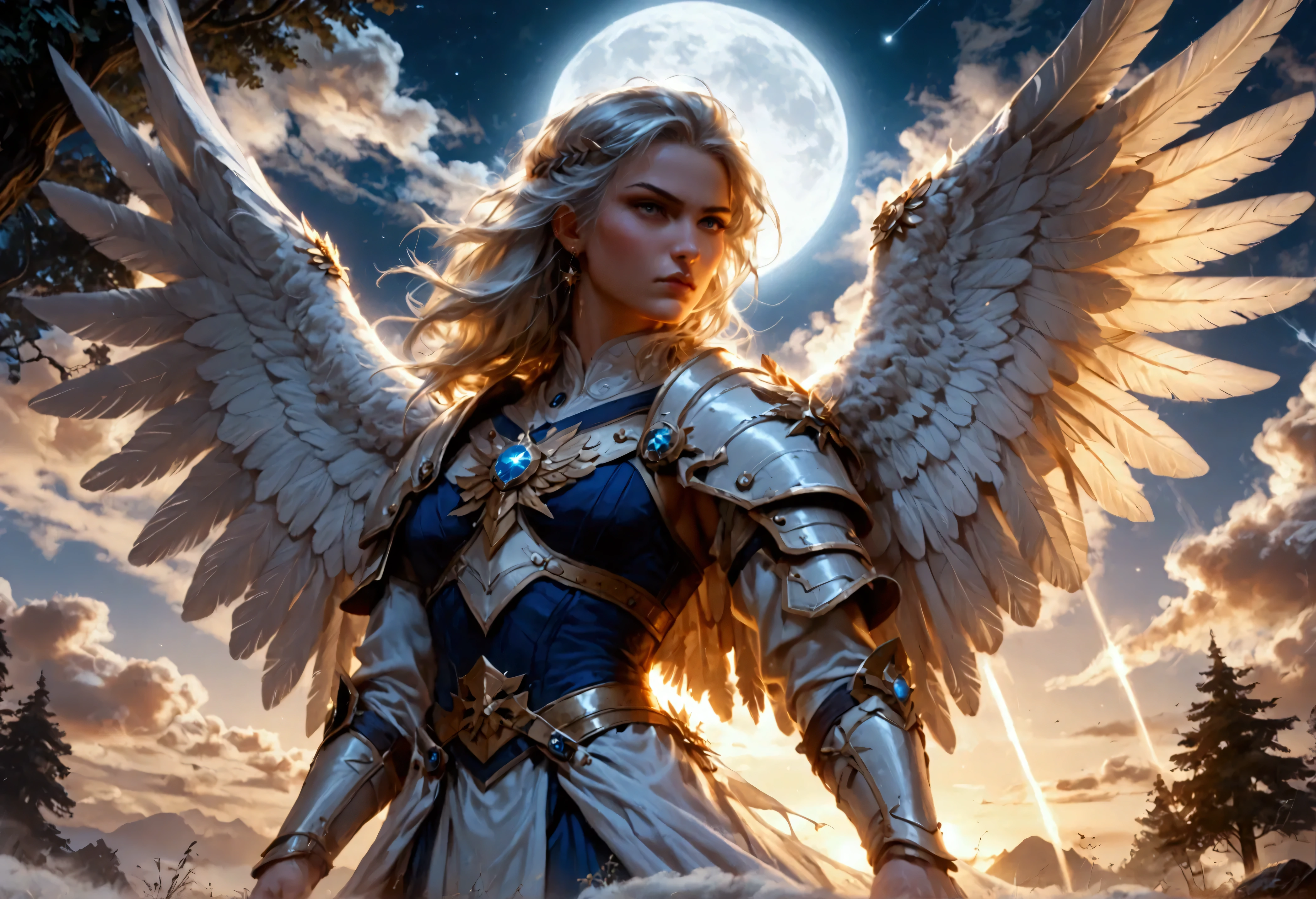 score_9, score_8_up, score_7, an epic fantasy art portrait of aasimar, female, paladin ready for battle under the full moon, holy warrior, spread large feathered wings, majestic wings, white angelic wings spread (Masterpiece, intense details: 1.5), moon light, moon, stars, clouds, holy symbol, armed with a divine sword, wearing holy armor, dynamic hair color, dynamic hair style, dynamic skin complexion, dark fantasy (forest background: 1.3), many trees, under the moonlight, some stars in the sky, some clouds, moon rays, determined face, god rays, cinematic lighting, glowing light, silhouette, from outside, photorealism, panoramic view (Masterpiece 1.3, intense details) , Wide-Angle, Ultra-Wide Angle, 16k, highres, best quality, high details, 16K, ultra detailed, masterpiece, best quality, (extremely detailed), arafed, dnd art, portrait, full body, magical sky, cloud, sky, flash