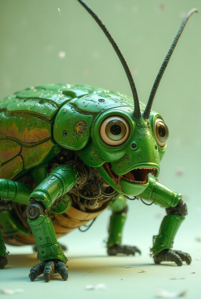 "Create a detailed, close-up image of a large green grasshopper with a futuristic, robotic, and slightly surreal design. The grasshopper should have intricate textures, smooth, stylized plates, and segmented limbs that resemble metallic or biomechanical components. Its body should display layered, leaf-like patterns with a vibrant, glossy green color. The legs should have jointed segments with a mechanical appearance, featuring tiny details like rivets or grooves. The background should be simple, a solid, light-colored backdrop, to keep the focus on the grasshopper's elaborate and polished design. The overall style should be highly realistic with a touch of fantasy or sci-fi influence."