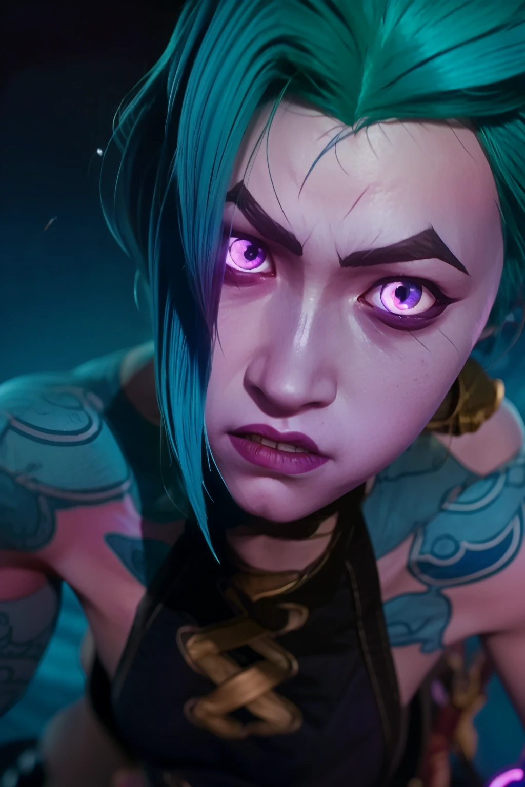 jinx league of legends, detailed , angry face, In dynamic pose, blue tattoo, skinny body. Dynamic Angle, best quality, masterpiece, UHD, 4K. 