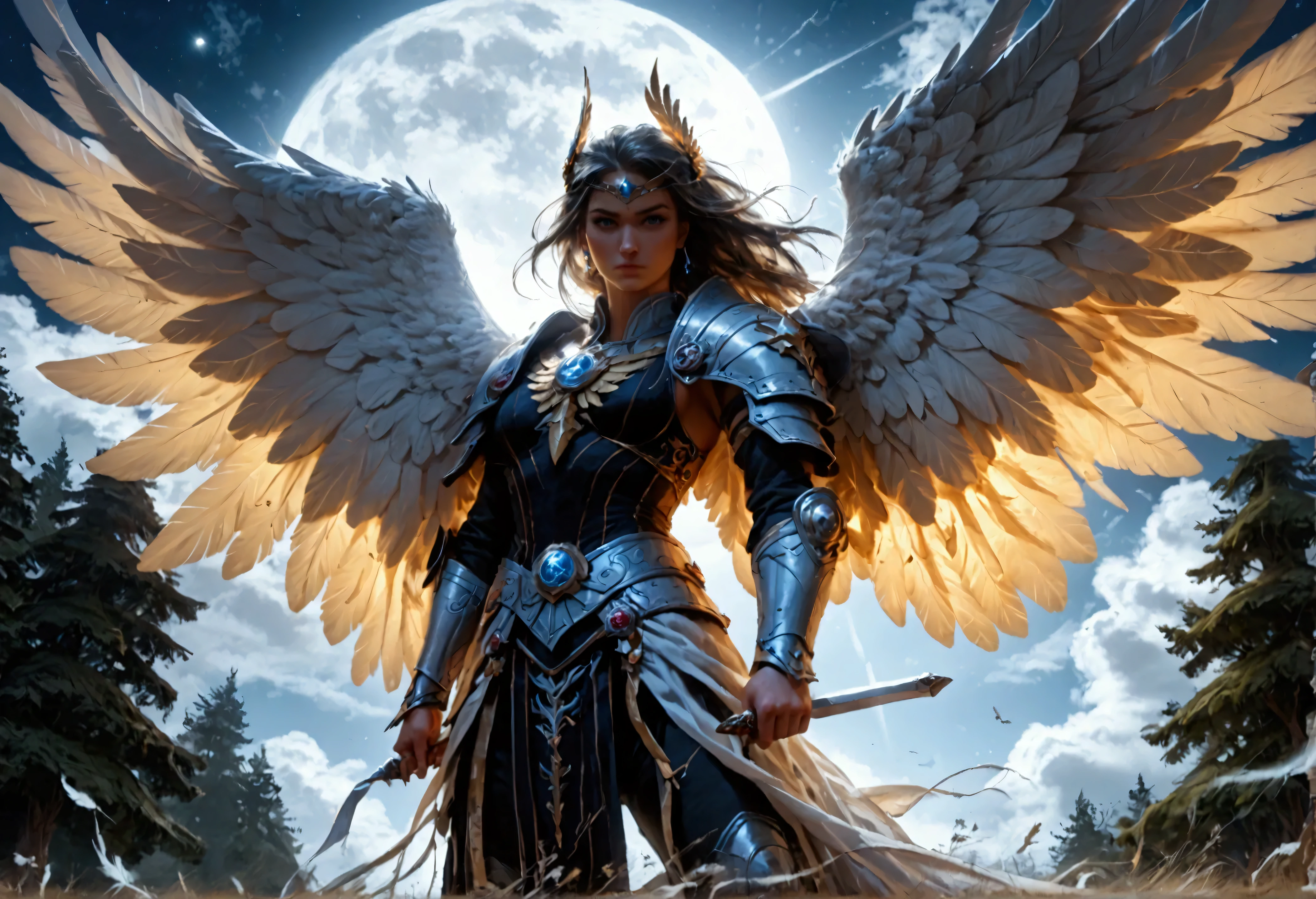 score_9, score_8_up, score_7, an epic fantasy art portrait of aasimar, female, paladin ready for battle under the full moon, holy warrior, spread large feathered wings, majestic wings, white angelic wings spread (Masterpiece, intense details: 1.5), moon light, moon, stars, clouds, holy symbol, armed with a divine sword, wearing holy armor, dynamic hair color, dynamic hair style, dynamic skin complexion, dark fantasy (forest background: 1.3), many trees, under the moonlight, some stars in the sky, some clouds, moon rays, determined face, god rays, cinematic lighting, glowing light, silhouette, from outside, photorealism, panoramic view (Masterpiece 1.3, intense details) , Wide-Angle, Ultra-Wide Angle, 16k, highres, best quality, high details, 16K, ultra detailed, masterpiece, best quality, (extremely detailed), arafed, dnd art, portrait, full body, magical sky, cloud, sky, flash