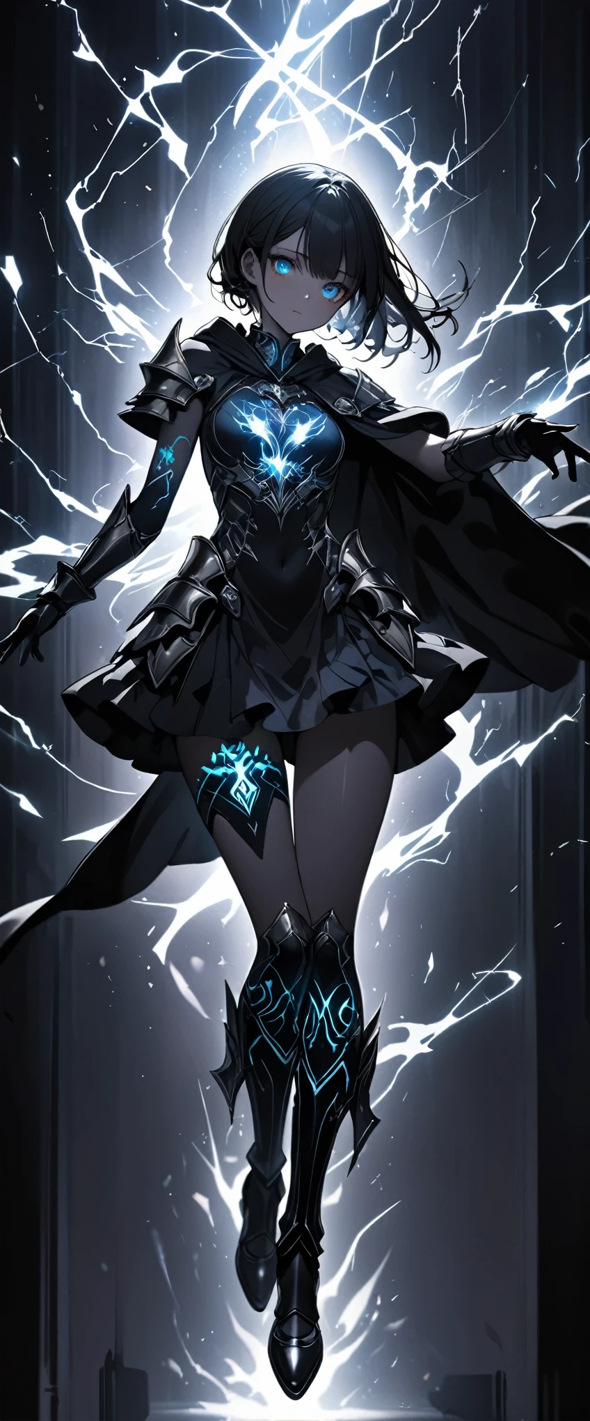 masterpiece, Ultra High Definition ,Super fine,16k, Insanely Delicate , Amazingly Detailed Art ,((Dark Theme:1.6)),(( silhouette:1.4)), Very Beautiful 21-Year-Old Girl , floating in the air, cute girl, very cute face with both knees on the floor,Beautiful eyelashes,Double eyelids, natural makeup, hooded,Long Bangs, Almond Eye,Armor Dress, Miniskirt,Metal long boots ,Black Cape,(( Magical Tattoo on His Thigh Shines Glowing )), pose pointing a fiercely electrified hand at the cameraman,Both Eyes Shine Strong Blue , Very Mysterious and Fantastic , professional lighting ,Fire a myriad of hologram swords , Top Quality Acrylic Anime Art, Ultra High Accuracy Textures , A World Shrouded in Complete Darkness ,Amazing Magic Knight , Very Delicate Depiction of Electricity , Surrounded by a Pale White Lightning ,Look away, cowboy shot,((Perfect body, Perfect Anatomy))