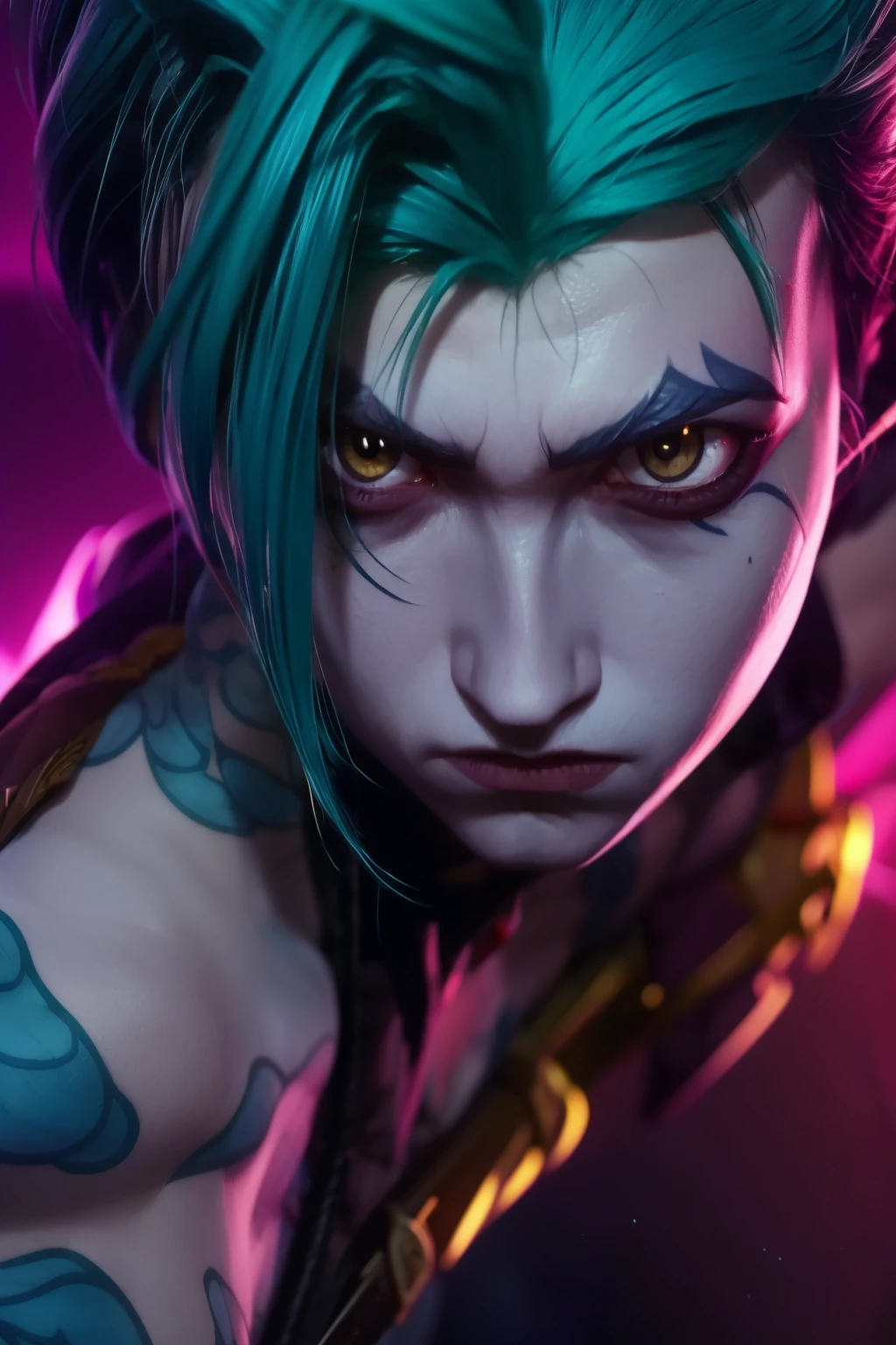 jinx league of legends, detailed , angry face, In dynamic pose, blue tattoo, skinny body. Dynamic Angle, best quality, masterpiece, UHD, 4K. 