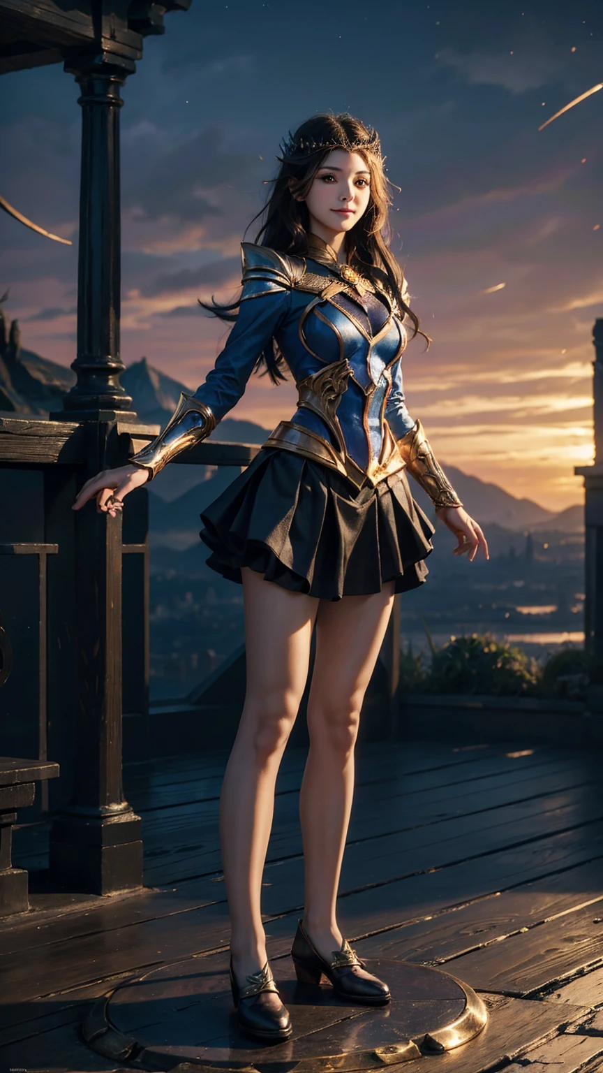 Beautiful Lunox from Mobile Legends, skinny girl, fire, gorgeous face, sweet smile, the most beautiful person, standing alone, perfect body, balance, front view, she is looking at the camera, half body image, perfect anatomy, beautiful scenery, UHD Image, 4K wallpaper, best high quality photorealism, light, light, perfect figure, cute girl, skirt magician, sorceress, близко , лицо , смотреть на камеру 