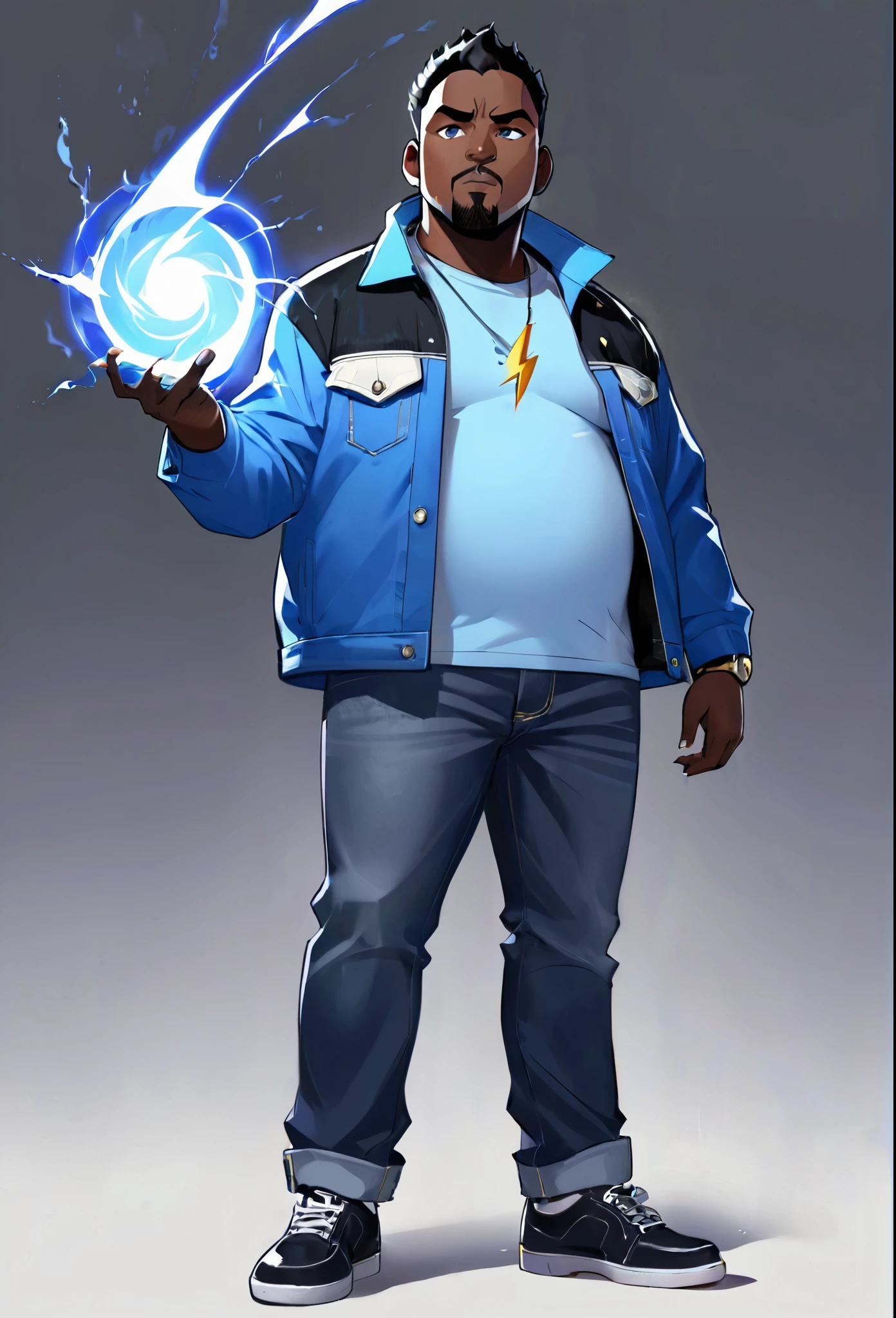 , score_9,score_8_up,score_7_up, mature men, African skin, Bright eyes, short black hair, bulk body shape,  belly chubby , wearing a blue jacket and withe shirt, jeans pants, holding a black lightning in right hand, and a blue iced mist in the left hand, character design , illustration 