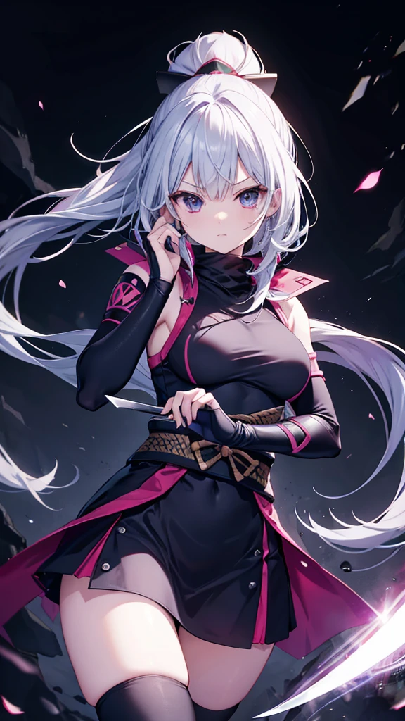 Adult girl, long white hair, high ponytail, pink eyes, bat wings, black rich dress, anger, masterpiece, high quality