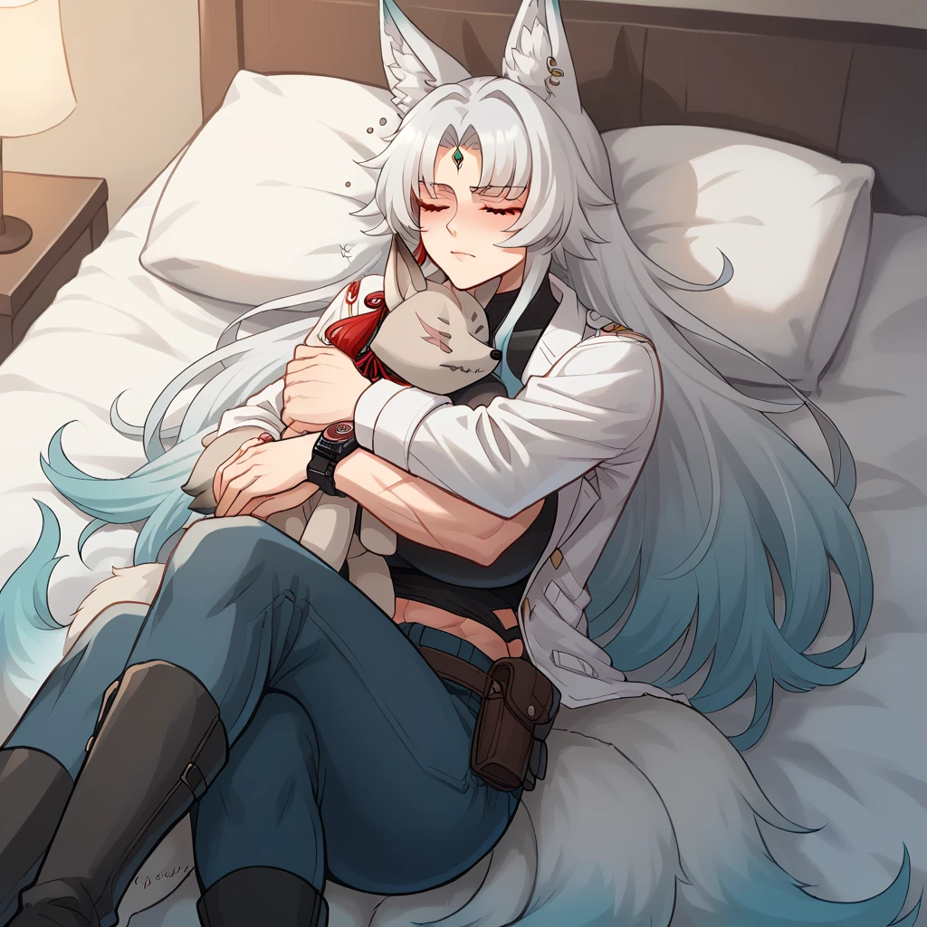 Large biceps, ((huge natural breasts)), (FeixiaoDefault, animal ears, long hair, ponytail, dress, gradient hair, white hair, blue eyes, forehead jewel, ear piercing,((white coat)), a black tanktop,pants, red tassel, tassel earring,kneeboots((animal ears,fox ears,gradient kitsune tail)), solo, holster on the hips,,((night japanese bedroom)),female abs,muscular, (eight abs pack),((slight smille)),((scar on body)),lying down on a bed,((eight kitsune tails)),((watch on wrist)),((closed eyes)),((hugging fox plushie)),drunk blush