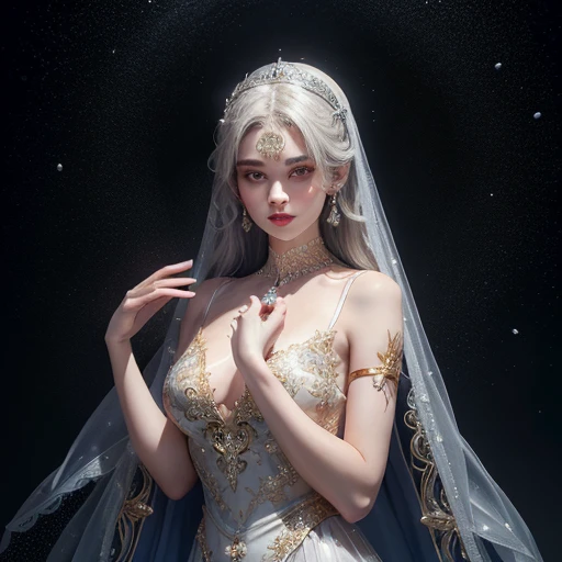 Girl, transparent, see through, silver and gold dress, topless, silver hair, tiara, glove, chokes, silver long sleeves, silver veils, ear wear, detailed hand, oval face, smile, picture form top to knee, sexy pose, extra large breasts, look at camera, camera from top, detailed, night, castle background, photorealistic, best quality
