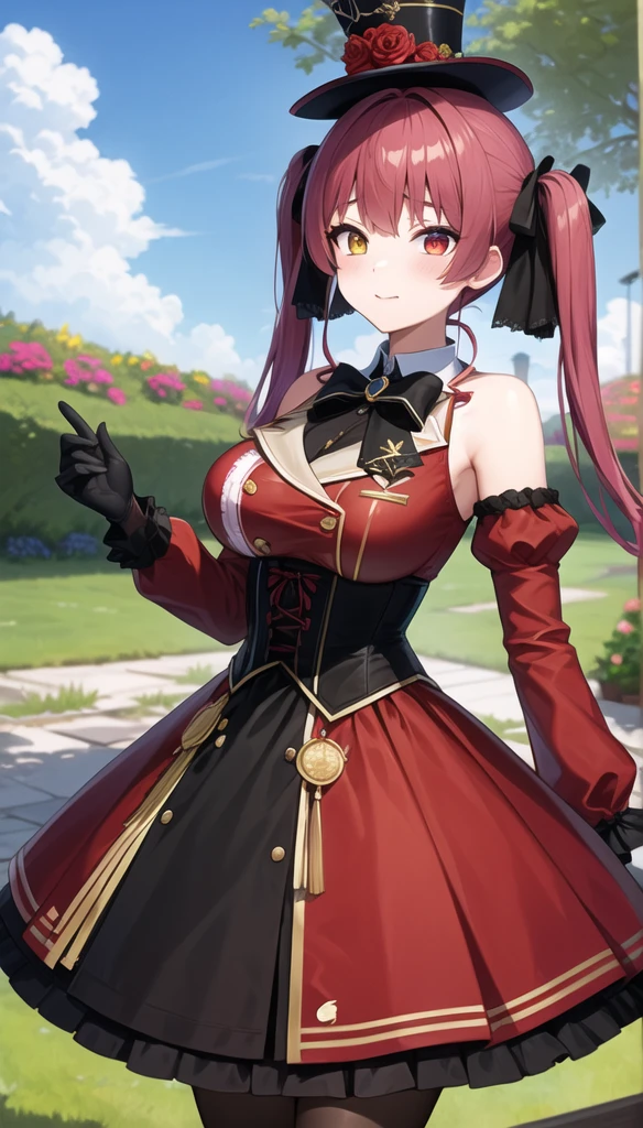 masterpiece, best quality, highres, ddmarine, twintails, drill hair, top hat, hat flower, heterochromia, black bowtie, underbust, bare shoulders, frills, black ribbon, red dress, detached sleeves, red sleeves, long sleeves, corset, black gloves, pantyhose, standing, cowboy shot, garden,