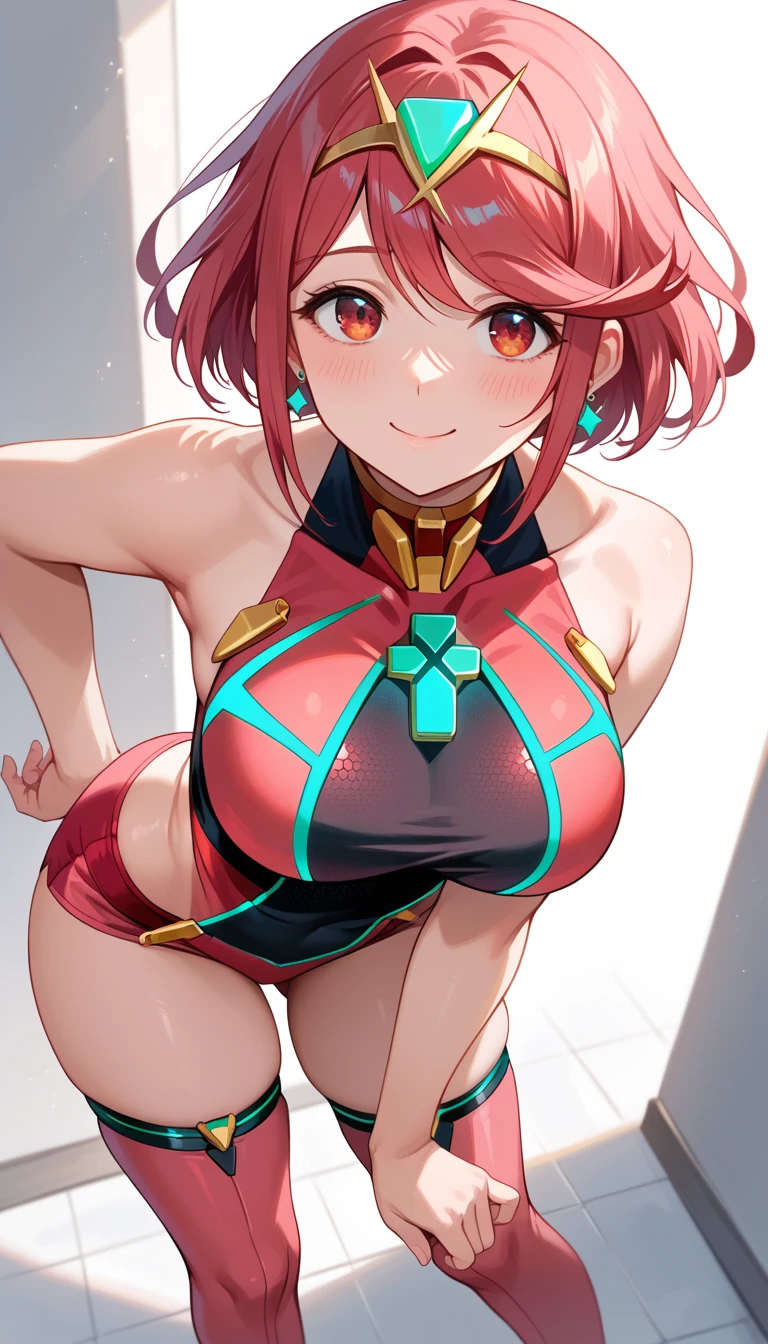 masterpiece, maximum quality, 4k,  ultra detailed, pyra's cosplay, full pyra's outfit, standing,stroking her hair,  leaning slightly forward, bright smile, crystal red eyes, round face, soft light, shiny hair, friendly smile, thighs slightly large, hips slightly wide, 3 quarters of the body, looking at the viewer, front, high angle view, big chest, black chest