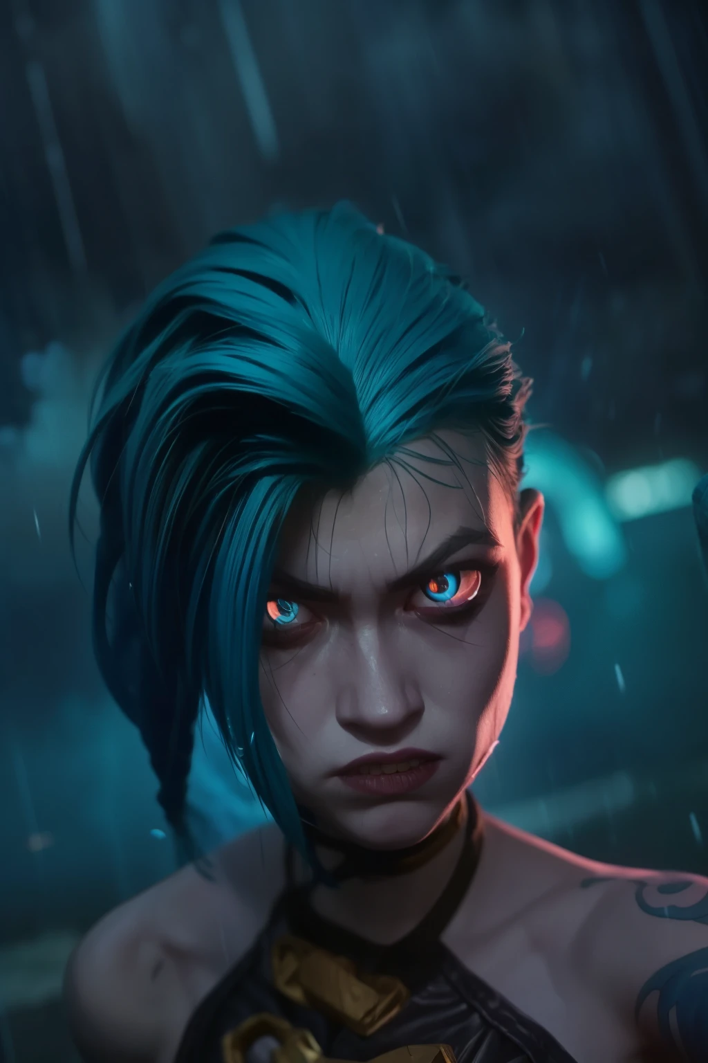 jinx league of legends, detailed , angry face, In dynamic pose, blue tattoo, skinny body. Dynamic Angle, best quality, masterpiece, UHD, 4K. (( rain, Thunder background)), ((cinematic lighting:1.4))