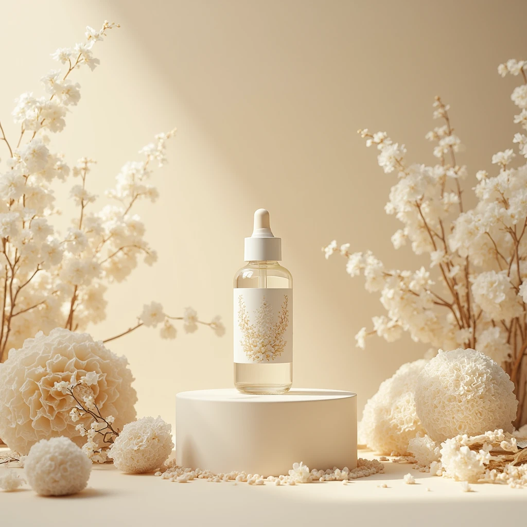 (photorealism:1.2)High resolution, cinematic, intrinsic details,  5 point view composition , minimalist background s,  natural central lighting ,  intense light beige colors, white and golden touches , background with fuzzy flowers,  product pedestal ,  symmetric composition 