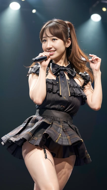 ((masterpiece, photorealistic, highest quality, ultra detailed, ultra high res, 16K)), kashiwagi yuki, idol, japanese, (((super gigantic sagging breasts))), cleavage, plump, curvy, pokies, idol costume, ((short sleeve dress shirt)), ((plaid pleated mini skirt)), (bow tie), singing, grin, ((background of music tv show stage in japan)), (highly detailed realistic body, highly detailed beautiful face, realistic body, realistic face, stunning visuals, perfect anatomy, intricate detail)