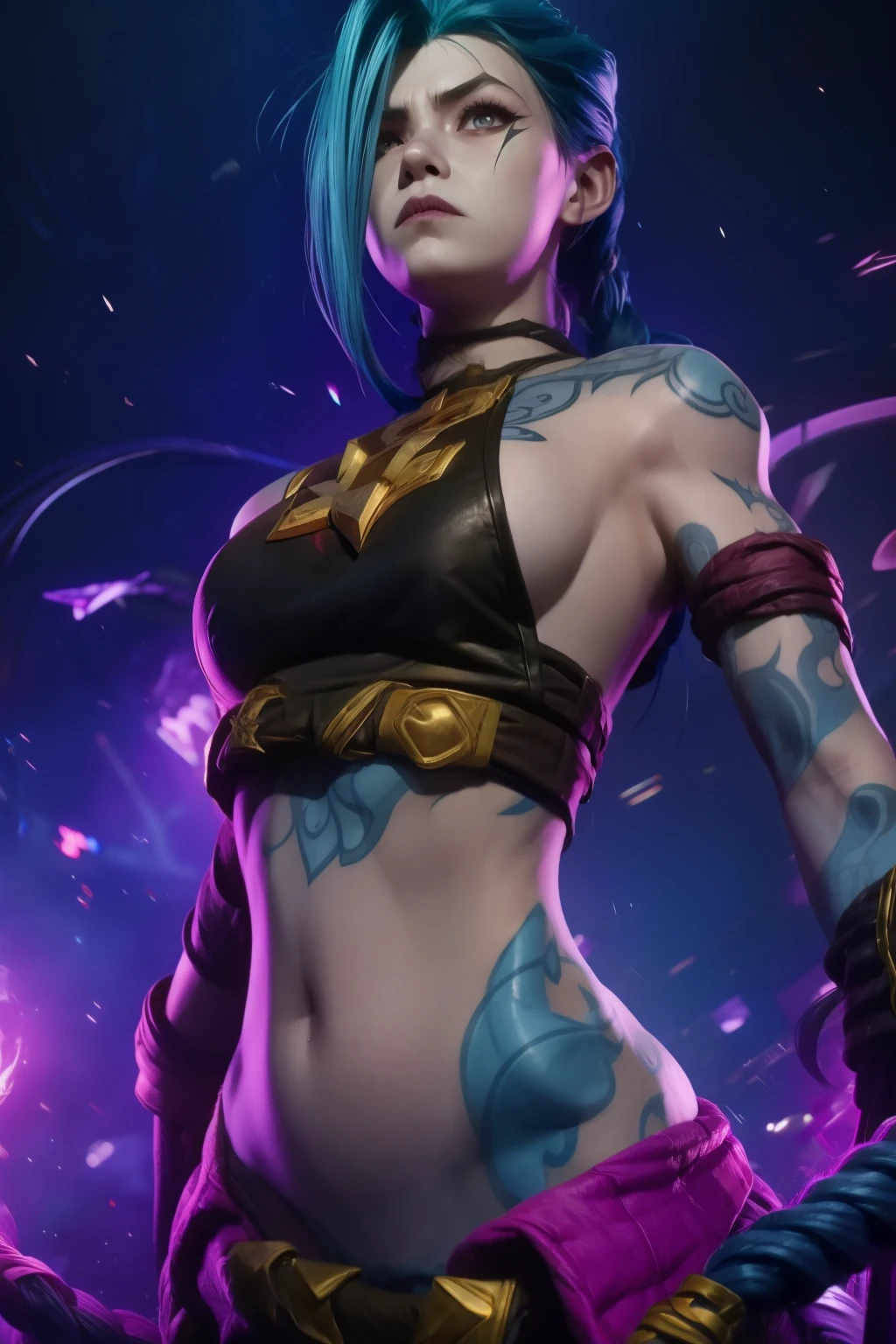 jinx league of legends, detailed , angry face, In dynamic pose, blue tattoo, skinny body, belly tattoo . Dynamic Angle, best quality, masterpiece, UHD, 4K. 