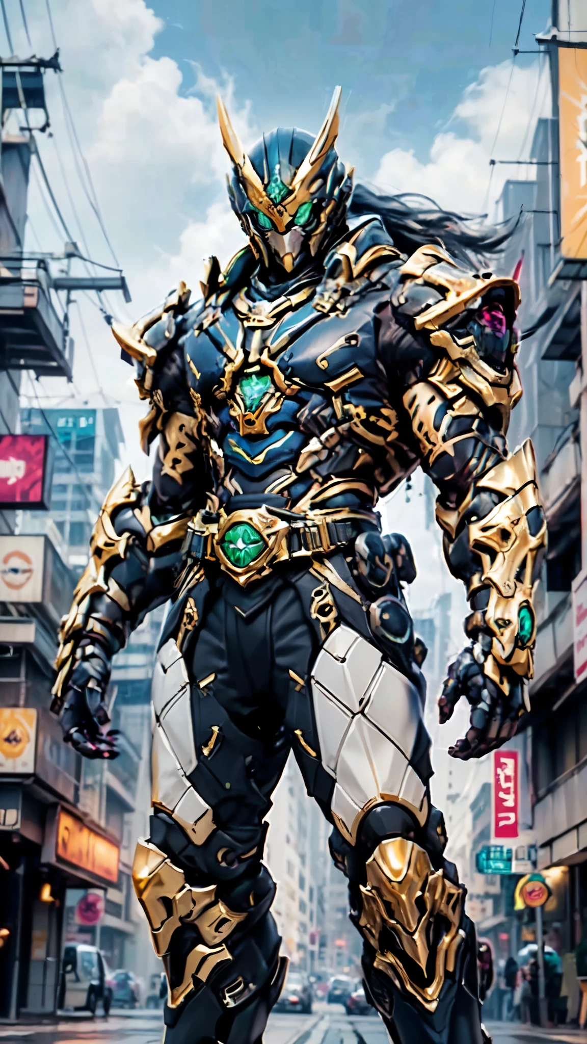 (masterpiece:1.5, best quality:1.5, extremely delicate:1.5), ((male:1.5)), a man wearing a full-face helmet, green eyes, fantasy-style high-tech biomimetic armored combat suit, (a composite layered chest armor), the design balances heavy with agility, fully enclosed shoulder guards, matching arm and leg guards, a belt of gemstone, (the color scheme is primarily Blue and Golden with Black accents, Organic Biotech, Concept Inspired by Kamen Rider, glowing eyes, armor glows, stand of a futuristic sci-fi city), this character embodies a finely crafted fantasy-style armored hero in anime style, exquisite and mature art style, metallic, high definition, highres, ultra-detailed, ultra-fine painting, professional, perfect body proportions, golden ratio, anatomically correct, symmetrical face, extremely detailed eyes and face, high quality eyes, creativity, RAW photo, UHD, 32k, Natural light, cinematic lighting, masterpiece-anatomy-perfect