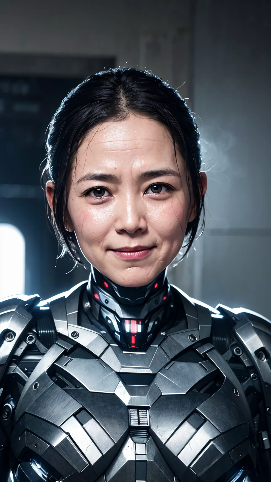 Best Quality　8k (War Machine)　Cyborg middle-aged woman　　Sweaty face　　  short hair　　Steam coming out of my head　 My hair is wet with sweat　  Black Hair  　　  full body portrait  　Only the face is exposed　smile　