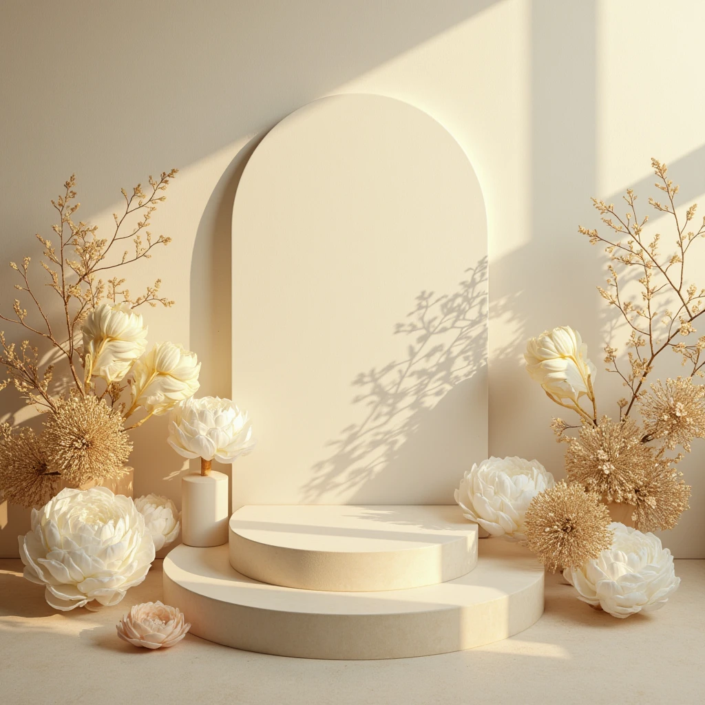 (photorealism:1.2)High resolution, cinematic, intrinsic details,  5 point view composition , minimalist background s,  natural central lighting ,  intense light colors beige , white and golden touches , background with fuzzy flowers, pedestal vacio,  symmetric composition 