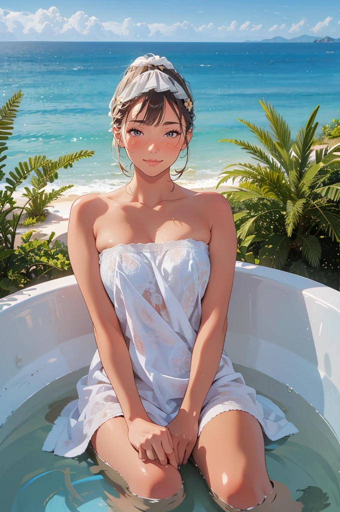 ((best quality)), ((masterpiece)), (detailed), perfect face, ((green skin)), pointy ears, very shy, tiny , wearing sunglasses, short dark hair, wearing a towel, covering up, embarrassed, scared, on the beach, wrapped in a towel, being shy