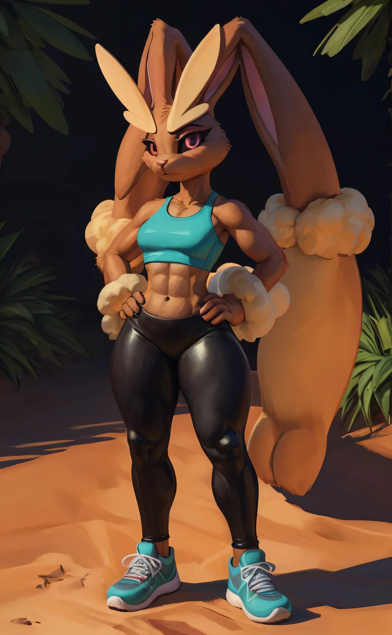 [pokemon; lopunny], [Uploaded to e621.net; (Foxovh), (Pixelsketcher), (mayosplash)], ((masterpiece)), ((HD)), ((High res)), ((solo portrait)), ((full body)), ((front view)), ((feet visible)), ((cartoon aesthetic)), ((detailed fur)), ((cel shading)), ((detailed shading)), ((beautiful render art)), {(anthro lopunny), (athletic figure), (brown fur), (long floppy bunny ears), (ears down back like hair), (small fluffy beige rabbit tail), (frown), (long beige fluffy eyebrows), (defined muscles), (curvy hips), (beautiful legs), (confident frown)}, {(turquoise tank top), (black yoga pants), (teal-blue sneakers)}, {(standing), (leaning on hip), (hand on hips), (looking at viewer)}, [ambient lighting, dirt walkway, grass plains, sun rays]