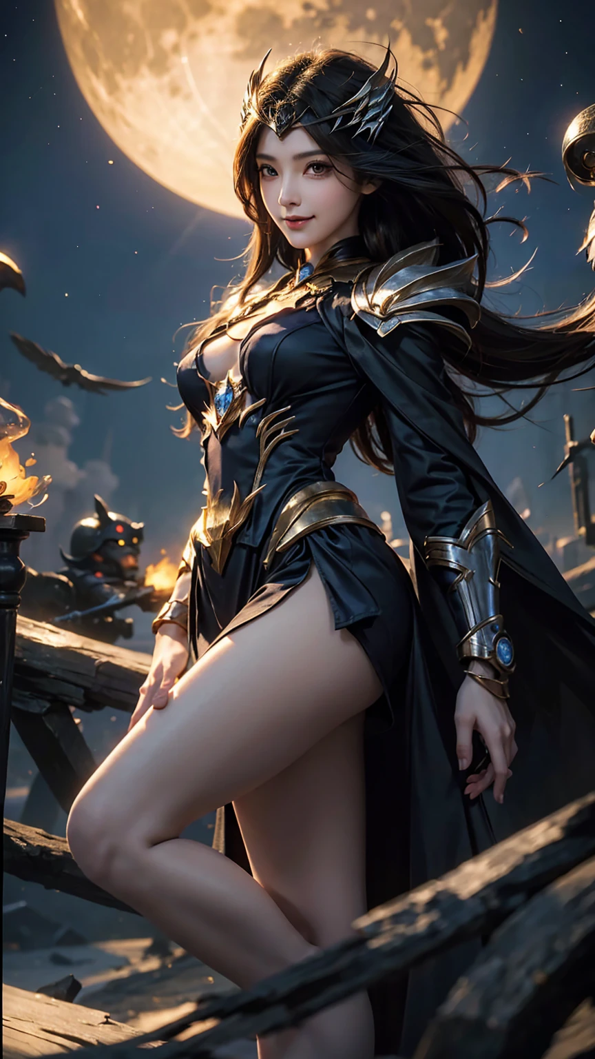 Beautiful close-up, facial features, beautiful hair, eyelashes, Mobile Legends Lunox, skinny girl, fire, gorgeous face, sweet smile, the most beautiful person, perfect body, balance, Perfect anatomy, UHD picture, perfect figure, cute girl, wizard, sorceress, close, face, look at the camera, against the background of the moon and the sun