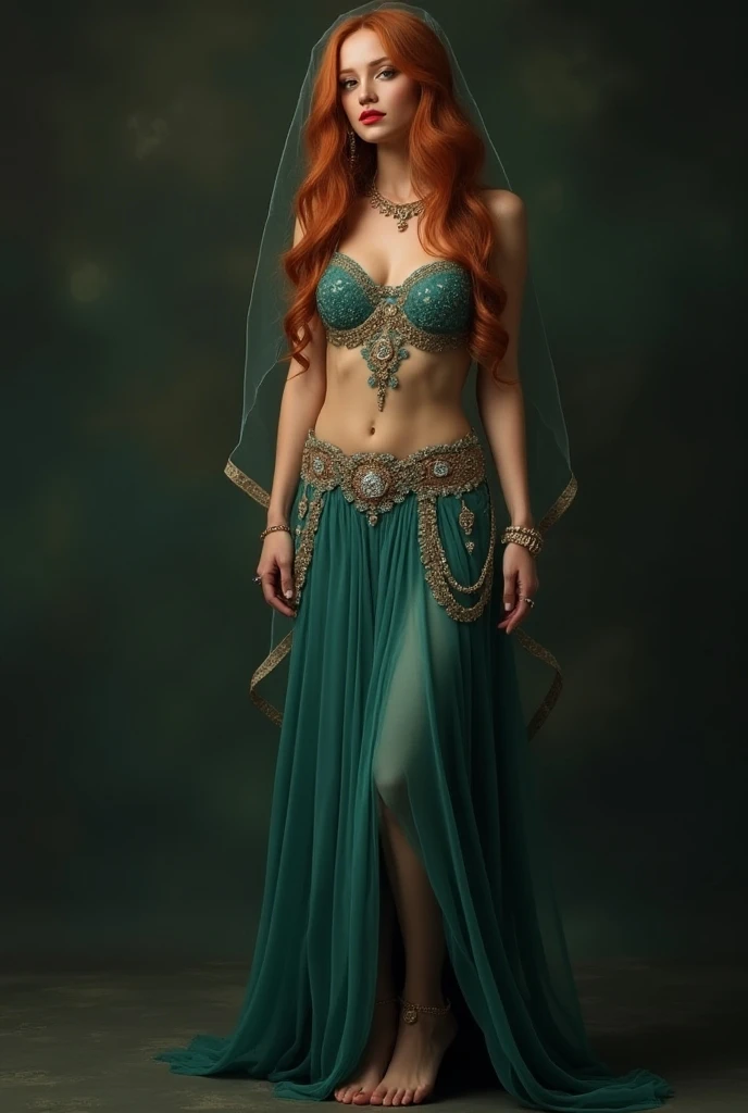 (Sophie Turner, age 20, large butt, sheer veils making a belly dance outfit (belly exposed), body jewelry with bells) is doing an active belly dance, sultry looks, inside a lavish tent