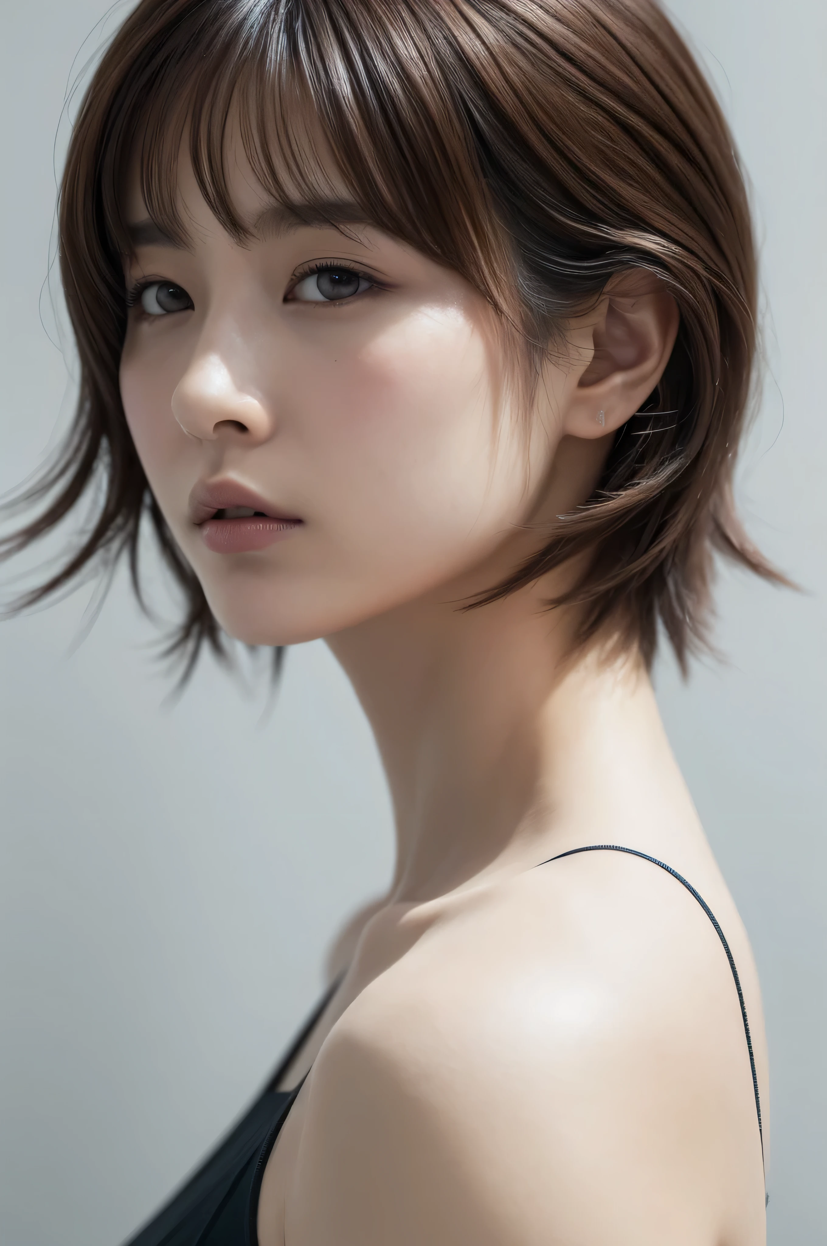 Best quality, masterpiece, ultra high res, (photorealistic:1.5), raw photo, 1girl, offshoulder, in the dark, deep shadow, low key, cold light, sexy look, short hair