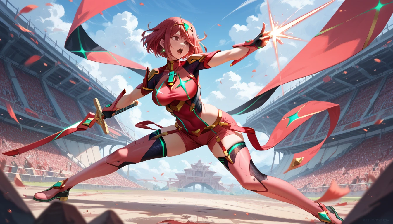 masterpiece, maximum quality, 4k, detailed, pyra attack pose, fighting, pyra's sword 