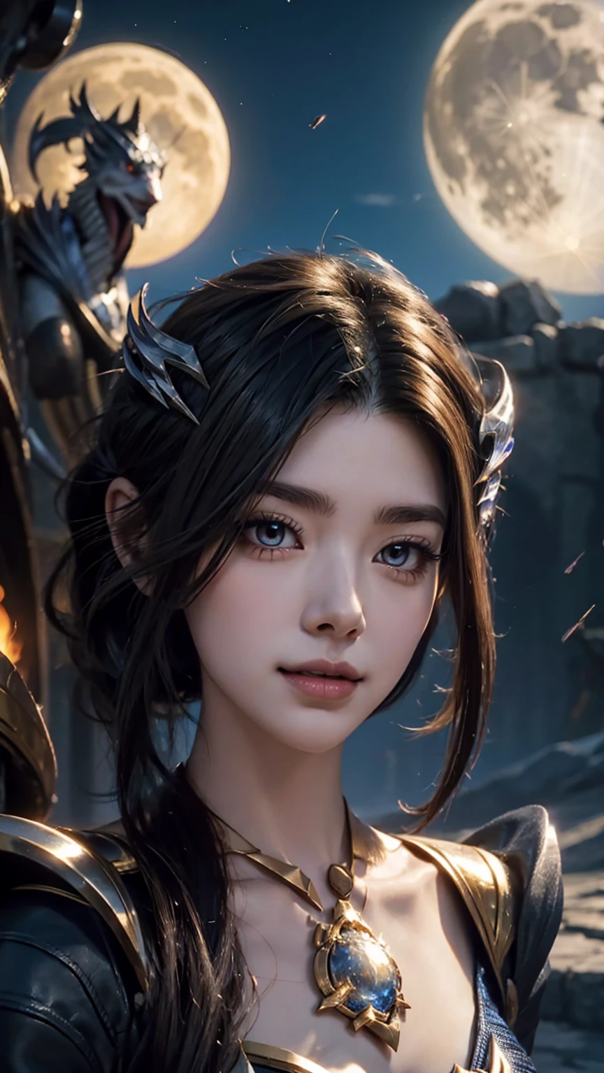 Beautiful close-up, facial features, beautiful hair, eyelashes, Mobile Legends Lunox, skinny girl, fire, gorgeous face, sweet smile, the most beautiful person, perfect body, balance, Perfect anatomy, UHD picture, perfect figure, cute girl, wizard, sorceress, close, face, look at the camera, against the background of the moon and the sun