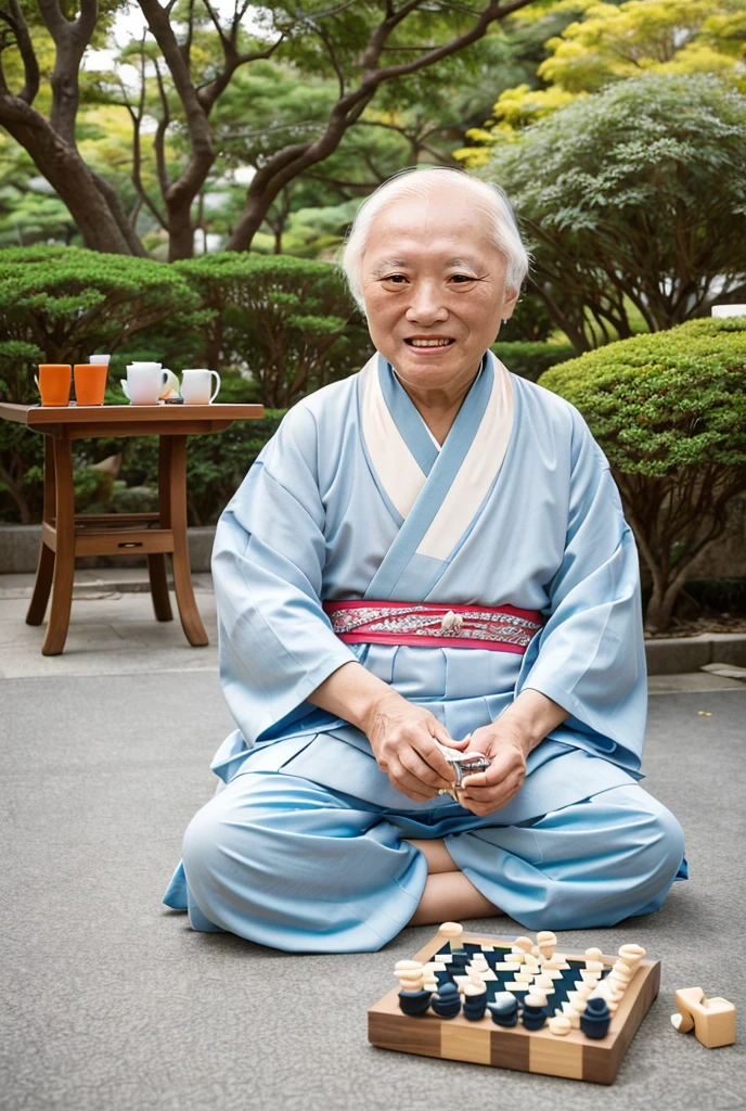 Japanese elderly, White, old, wearing a kimono, Eighty years old ,  is sitting playing checkers alone in a square