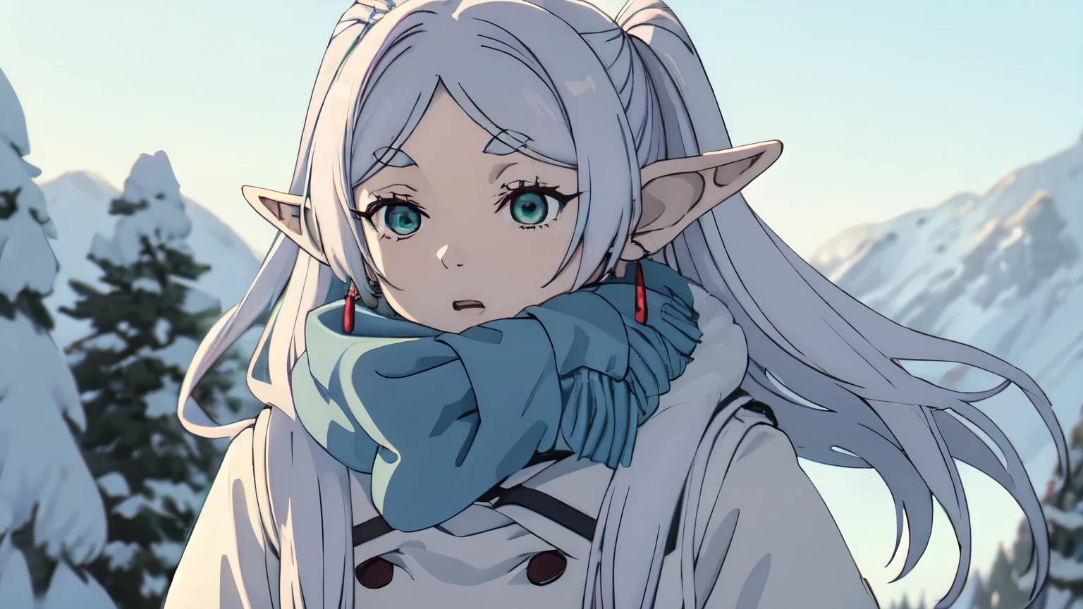 Best Quality, masterpiece, high resolution on down, Alone, (Freezing_sousounoFreezing:1.10), 1 girl, blue scarf , Elf, jewellery, upper body, closed mouth, Outdoor, White jacket, Winter clothes, Anime_ style , 24