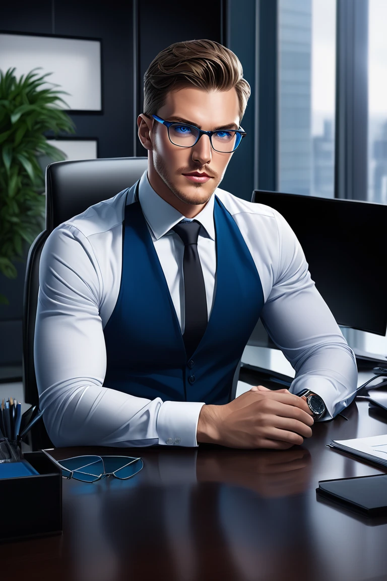 ((masterpiece)), ((best quality:1.2)), High Resolution, 8k, (ultra_realistic:1.3), (photorealistic:1.4), sharp focus, 1boy, yaoi, NSFW, extra wide-range, from side view, (under body naked only wearing wet black thong:1.2), (wearing glasses), (wearing suit white shirt and unbutton:1.3), (bare legs:1.2), white socks, male focus, (manly), (sitting), in files room in office, (messy thick short black hair), skinny male athlete, closed mouth, (detailed shiny white skin texture), (detailed perfect handsome cute face), (penis:1.1), glans, frenulum, testicles, broad shoulders, (detailed muscular biceps and triceps:1.2), large pectorals, (spread muscular thighs and long toned legs), toned abdomen, (thin waist), narrow hip bones, (crotch bulge), (a lot of document paper on desk), LCD monitor of computer, a lot of files boxes on shelf, office white light, full body, detailed background, cinematic, crystal clear, (global illumination), (subsurface scattering), (area light, soft light)