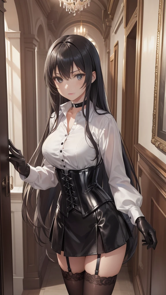  masterpiece ,  Best quality, high resolution, beautiful detailed eyes,  face, Detailed CG, 1 girl; standing,  view from the front,  serious expression ,   long black hair , black eyes, choker:1.6, (( white buttoned shirt )), (black leather corset), ( black gloves), (Black miniskirt), (brown stockings), elegant hallway ,  mansion, by day