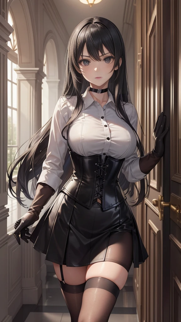  masterpiece ,  Best quality, high resolution, beautiful detailed eyes,  face, Detailed CG, 1 girl; standing,  view from the front,  serious expression ,   long black hair , black eyes, choker:1.6, (( white buttoned shirt )), (black leather corset), ( black gloves), (Black miniskirt), (brown stockings), elegant hallway ,  mansion, by day