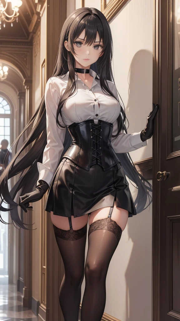  masterpiece ,  Best quality, high resolution, beautiful detailed eyes,  face, Detailed CG, 1 girl; standing,  view from the front,  serious expression ,   long black hair , black eyes, choker:1.6, (( white buttoned shirt )), (black leather corset), ( black gloves), (Black miniskirt), (brown stockings), elegant hallway ,  mansion, by day