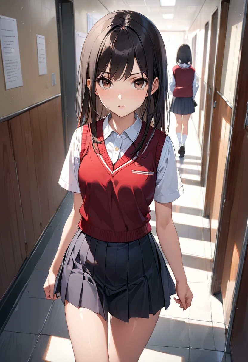 until, high quality , excellent resolution, Girl alone, Sixteen years old ,  beautiful face,  well-defined features , serious look, brown eyes, long straight black hair at mid-back  ,  well-proportioned body , You can see the curvature of her hips ,  wears elegant red vest ,  school blouse with collar in white color ,  white plank miniskirt , shapely bare legs , white socks and school shoes,  the girl is walking in a school corridor ,  the girl appears in the foreground walking elegantly sure of herself.