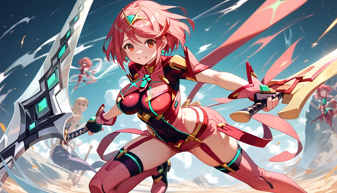 masterpiece, maximum quality, 4k, detailed, pyra attack pose, fighting, (((pyra's sword))), smile, 