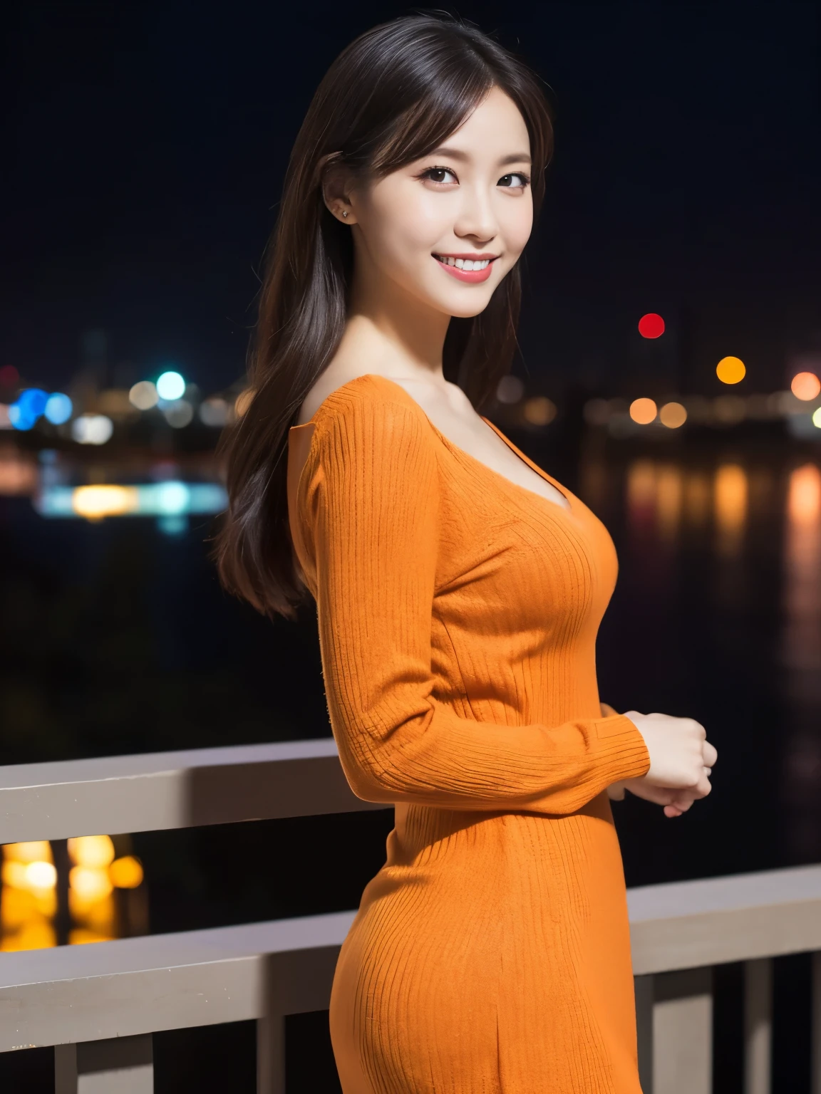 1 girl, (wearing an orange knit dress:1.2), (RAW photo, highest quality), (realistic, Photoreal:1.4), table top, very delicate and beautiful, very detailed, 2k wallpaper, wonderful, finely, very detailed CG Unity 8K wallpaper, super detailed, High resolution, soft light, beautiful detailed girl, very detailed目と顔, beautifully detailed nose, beautiful and fine eyes, cinematic lighting, city light at night, perfect anatomy, slender body, smile, Full camera perspective, face forward,
