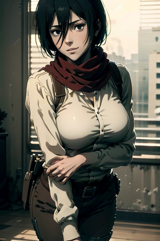 (masterpiece,  superior quality ,  best quality ), anime character, mikasa, filtro attack on titan, woman,  short hair,  black hair , red scarf, yellow t-shirt with black details, white pants, boots, Post war scenario, going 