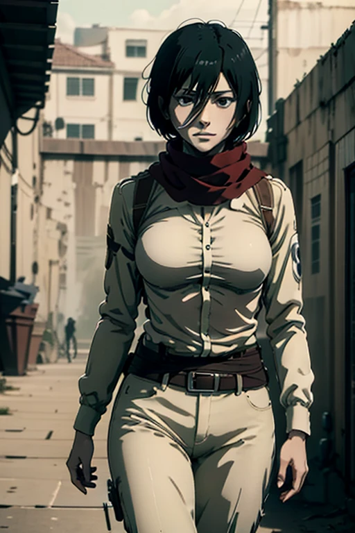 (masterpiece,  superior quality ,  best quality ), anime character, mikasa, filtro attack on titan, woman,  short hair,  black hair , red scarf, yellow t-shirt with black details, white pants, boots, Post war scenario, going 