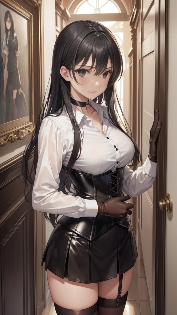  masterpiece ,  Best quality, high resolution, beautiful detailed eyes,  face, Detailed CG, 1 girl; standing,  view from the front,  serious expression ,   long black hair , black eyes, choker:1.6, (( white buttoned shirt )), (black leather corset), ( black gloves), (Black miniskirt), (brown stockings), elegant hallway ,  mansion, by day