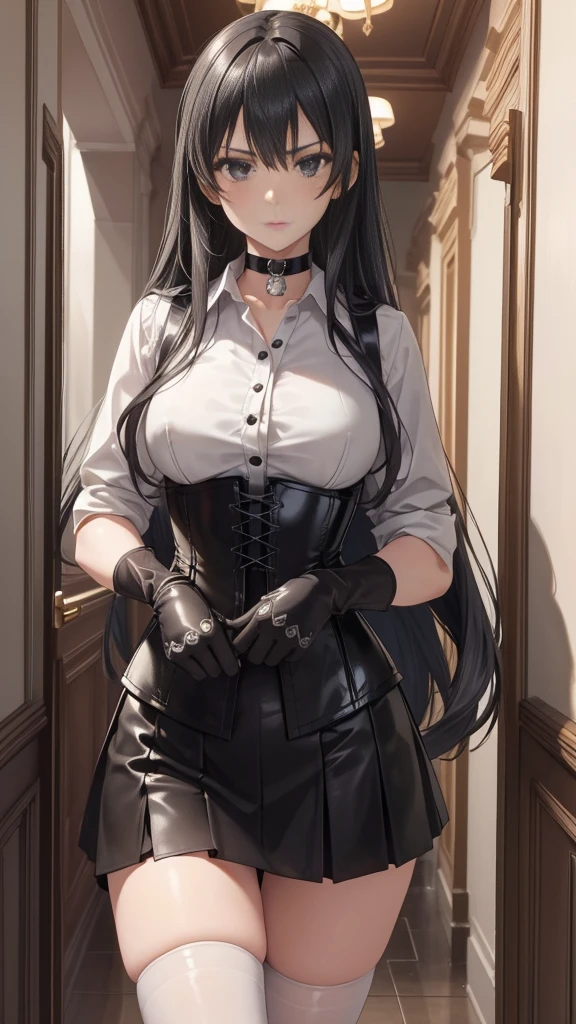  masterpiece ,  Best quality, high resolution, beautiful detailed eyes,  face, Detailed CG, 1 girl; standing,  view from the front,  serious expression ,   long black hair , black eyes, choker:1.6, (( white buttoned shirt )), (black leather corset), ( black gloves), (Black miniskirt), (brown stockings), elegant hallway ,  mansion, by day