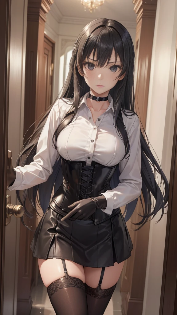  masterpiece ,  Best quality, high resolution, beautiful detailed eyes,  face, Detailed CG, 1 girl; standing,  view from the front,  serious expression ,   long black hair , black eyes, choker:1.6, (( white buttoned shirt )), (black leather corset), ( black gloves), (Black miniskirt), (brown stockings), elegant hallway ,  mansion, by day