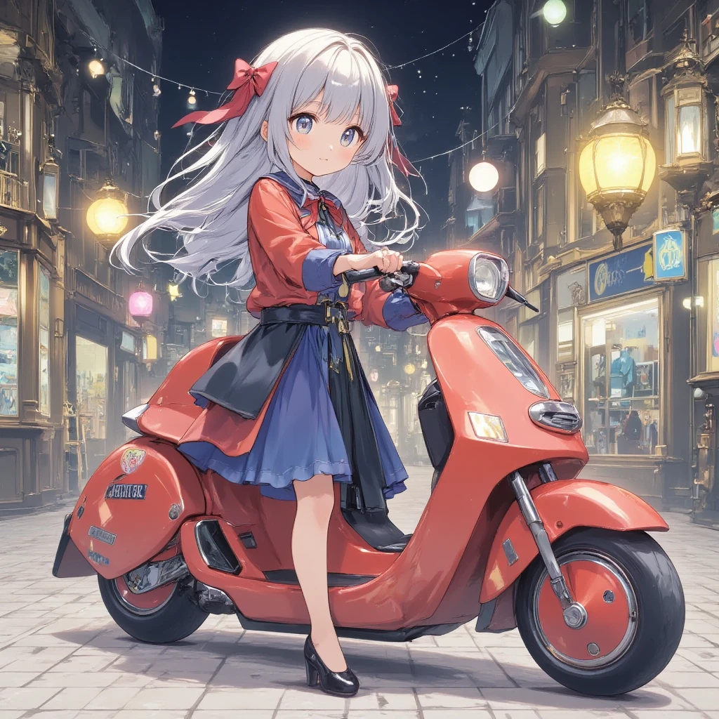 1girl,(bikesuit),Sitting,Akira Bike,Lean back,Put your foot forward,Thick eyebrows,Droopy eyes,Round face,Big round eyes,Braiding,Short pigtails,,Blunt bangs,aqua Hair,Blue eyes,Very short stature,Very thin limbs,Large scooter,Very low seat,Low vehicle height,One step ahead,Akira Bike,high resolution,masterpiece,high quality, 
(Photorealsitic:1.4),Raw photo,((super realistic details)),portlate,Shadow,octanrender,8K,ultrasharp,Akira Bike Red,cycling,natta,Cyberpunk City View,Spectacular screen