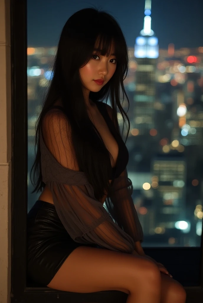 A voluptuous ninja warrior with flowing black hair, wearing a revealing outfit that highlights her curves, set against a moonlit rooftop in a bustling Japanese city, hentai style.
