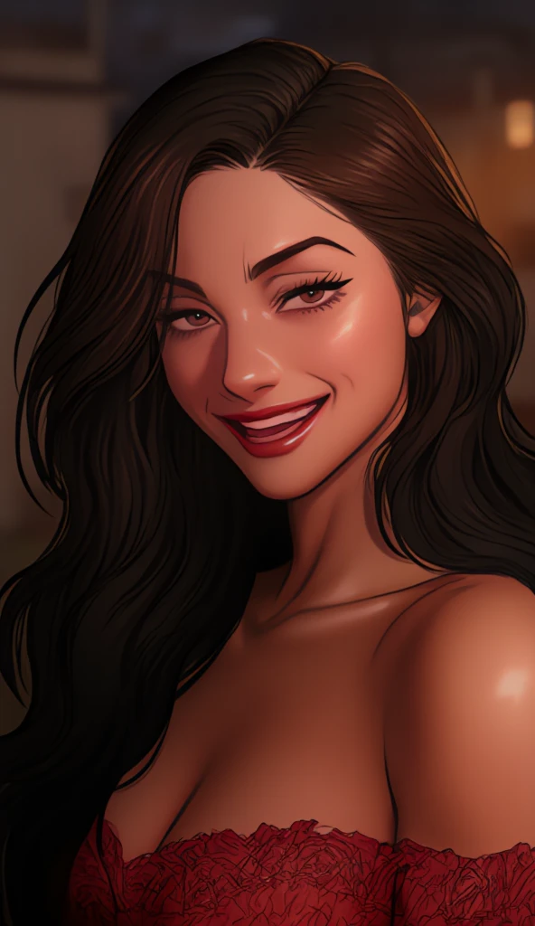 8k, RAW Photo, Photorealistic: 1.25), (Lip Gloss, Eyelashes, Glossy Face, Glossy Skin, Best Quality, Ultra High Resolution, Depth of Field, Chromatic Aberration, Caustics, Moisturized Lips, Ultra-Trimmed Face, Radiant Detailed Eyes,1woman,dark_skinned,dress,looking at viewer,standing,correct_anatomy,parted_lips,long_hair,forehead,mature_female,,hands_on_hips,smirk,petal dress,thighs,dark skin color