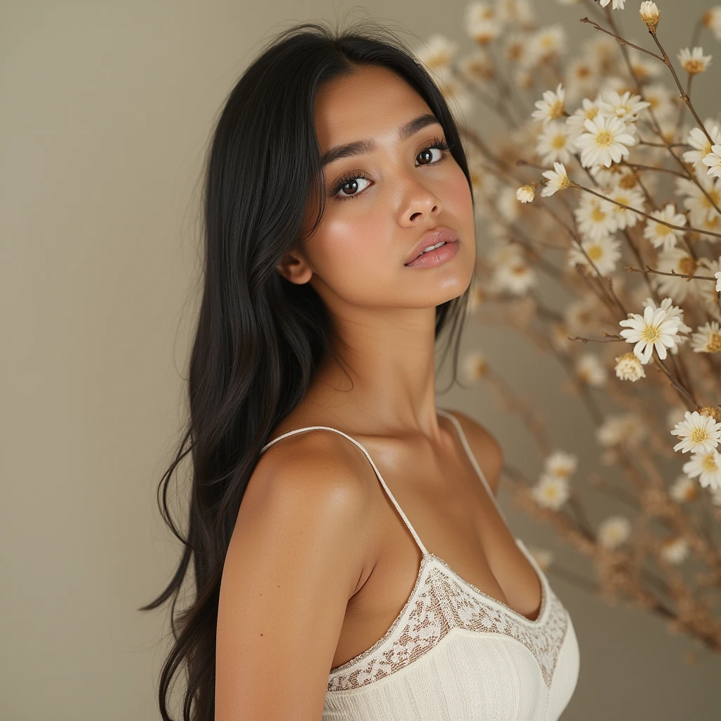 (photorealism:1.2)High resolution, cinematic, intrinsic details,  5 point view composition , Pretty young Latin woman with brown skin ,  sad because her black hair is falling out, minimalist background s,  natural central lighting ,  intense light colors beige , white and golden touches , background with fuzzy flowers, pedestal vacio, left side symmetric composition without elements