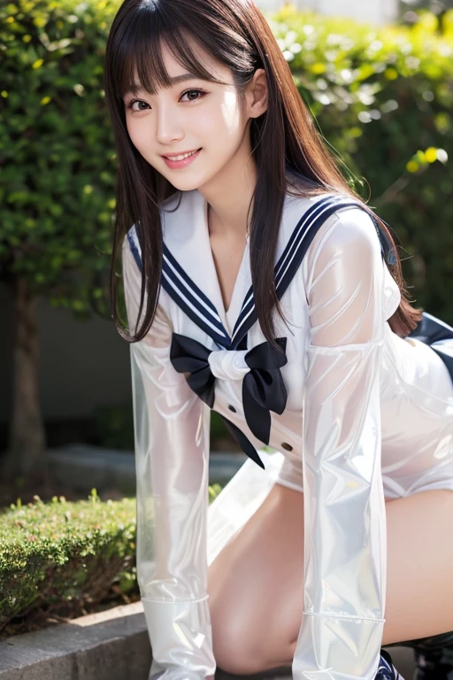 girls standing in school flower filled garden,long-sleeved and seemless white jumpsuit style unitard with long compression shorts and long leggings,red bow tie,hair bow,18-year-old,bangs,a little smiles,thighs,crotch,knees,ponytail,from below