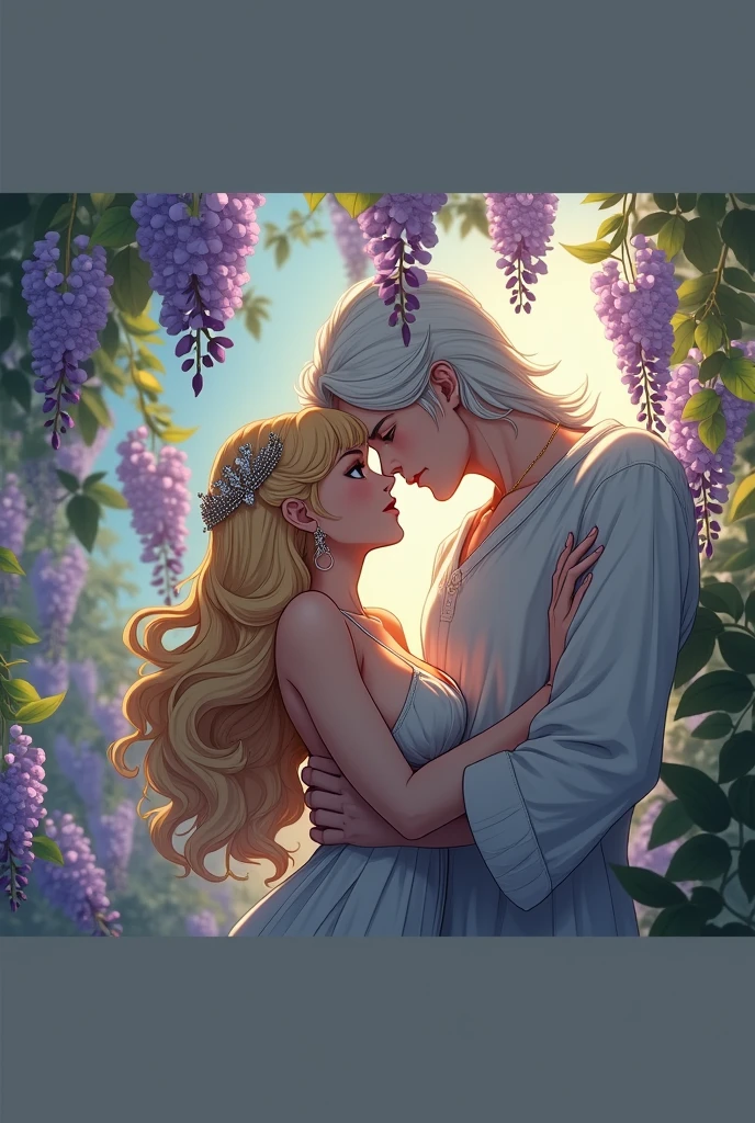 best quality,highres,ultra-detailed,loving couple,happy romantic scene,hugging each other,gazing into each other's eyes,gentle touches and caresses,seamless bond,dressed elegantly,sparkling diamond ring on her finger,soft and warm sunlight,blurred background with blooming flowers,romantic atmosphere,vivid colors,subtle shadows and highlights,realistic portrait style,ethereal and dreamy,soft pastel color palette,magical lighting ambiance,unconditional love and affection