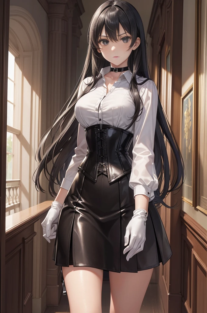  masterpiece ,  Best quality, high resolution, beautiful detailed eyes,  face, Detailed CG, 1 girl; standing,  view from the front,  serious expression ,   long black hair , black eyes, choker:1.6, (( white buttoned shirt )), (black leather corset), ( black gloves), (Black miniskirt), (brown stockings), elegant hallway ,  mansion, by day