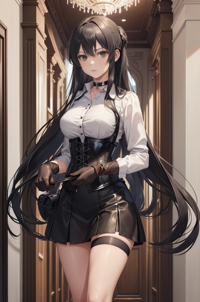  masterpiece ,  Best quality, high resolution, beautiful detailed eyes,  face, Detailed CG, 1 girl; standing,  view from the front,  serious expression ,   long black hair , black eyes, choker:1.6, (( white buttoned shirt )), (black leather corset), ( black gloves), (Black miniskirt), (brown stockings), elegant hallway ,  mansion, by day